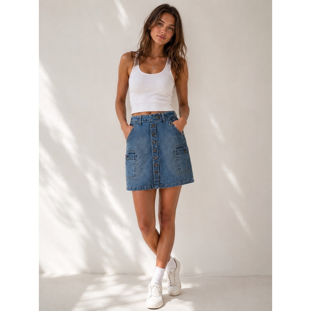 Vintage Y2K BCBG MaxAzria Jeans Denim Cargo Button Front Jean Mini Skirt Size 6